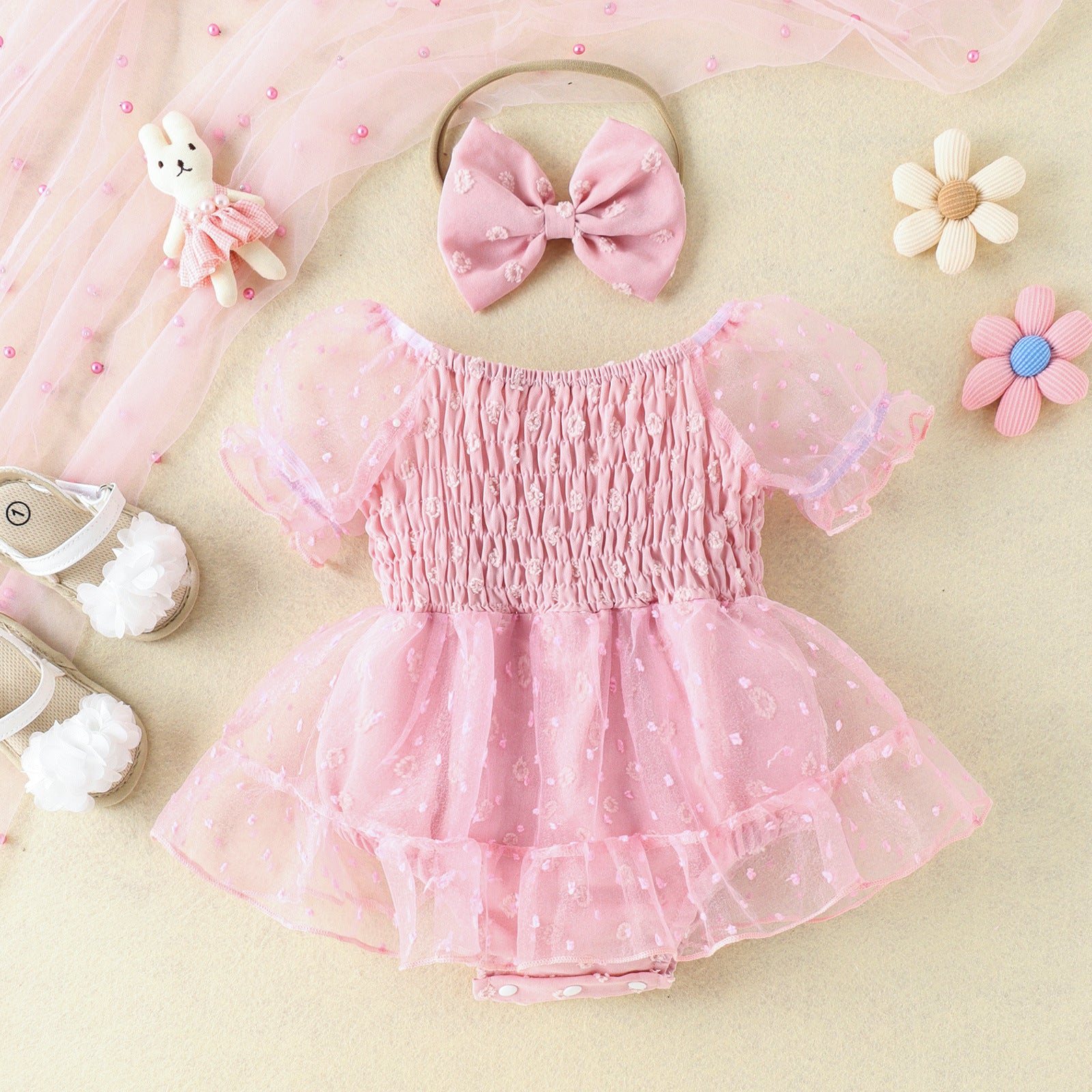 Girls' Multi-color Polka Dot Net Skirt Hemline Romper Headscarf