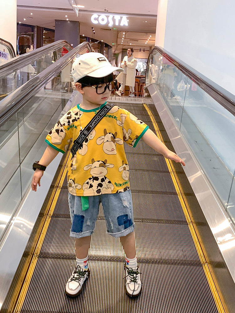 Children's Clothing Boy Suit Summer Clothing New Fried Street Short-Sleeved Western Style Baby Summer Korean Style Handsome Trendy Boy