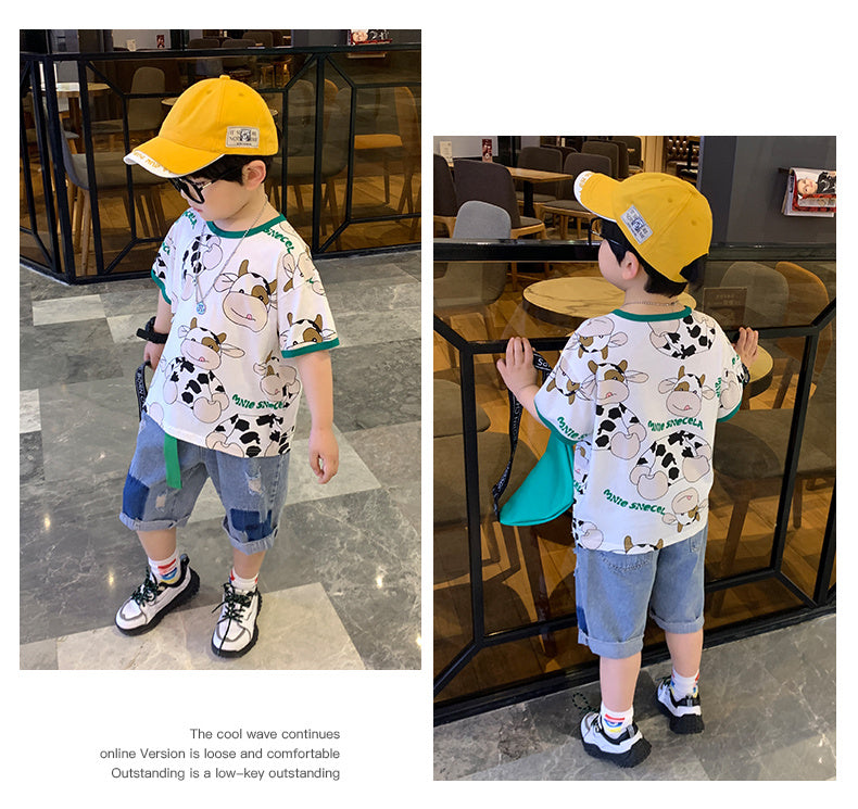 Children's Clothing Boy Suit Summer Clothing New Fried Street Short-Sleeved Western Style Baby Summer Korean Style Handsome Trendy Boy